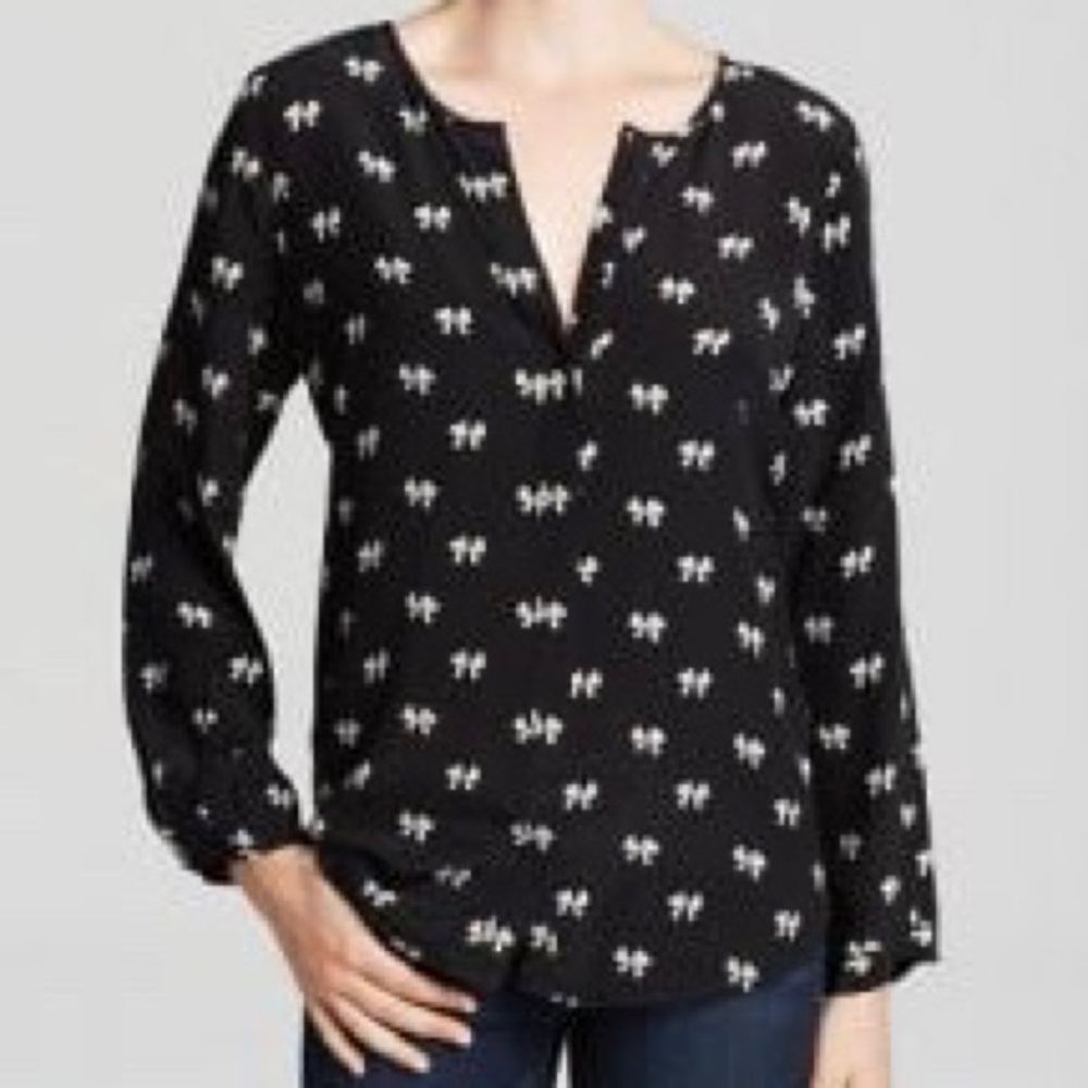 Joie Purine Silk Bow Print Split Neck Button Front Black Blouse Size XS